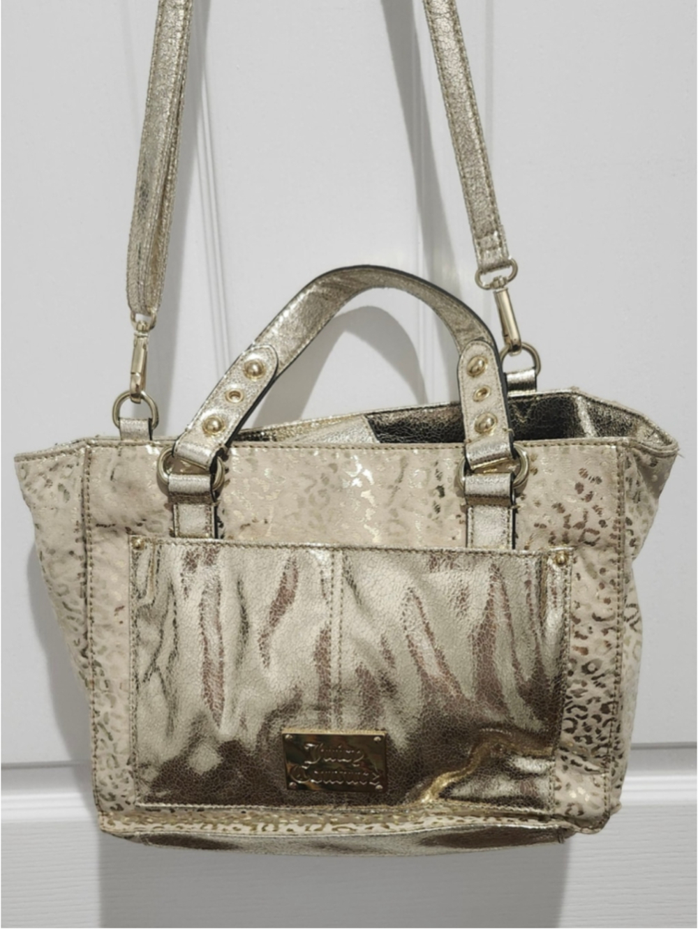 Juicy Couture Metallic Gold Leopard Print Satchel Tote Bag Handbag
